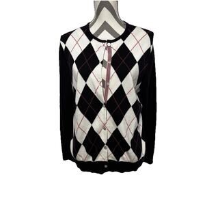 Lands End Supima Cotton Navy Pink Argyle Long Sleeve Cardigan Sweater Lg Preppy